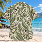 Back view of Chickadee Fern Birdwatching Hawaiian Shirt with matching bird artwork in sage, black, ivory
