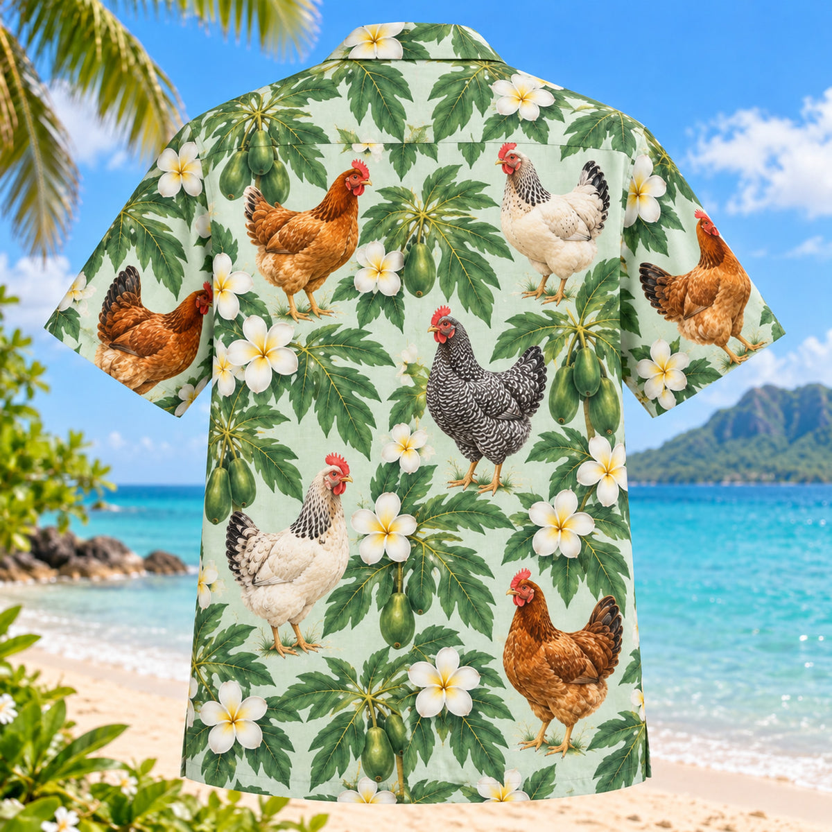 Back view of Chicken Papaya Chicken Hawaiian Shirt with matching artwork in mint, green, cream
