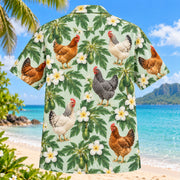 Back view of Chicken Papaya Chicken Hawaiian Shirt with matching artwork in mint, green, cream