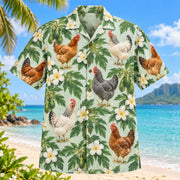 Front view of Chicken Papaya Chicken Hawaiian Shirt with backyard hens under papaya leaves and white plumeria