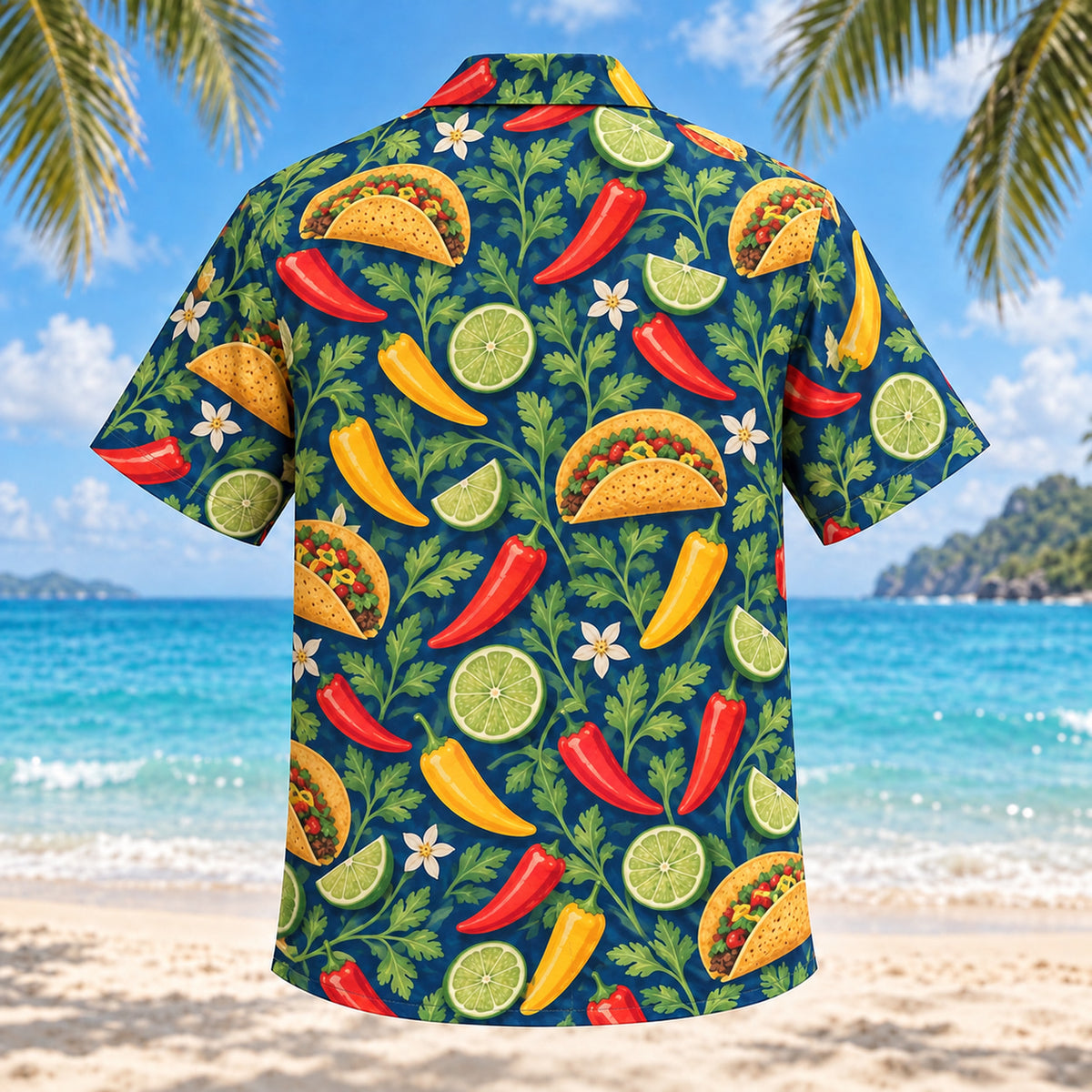 Back view of Chili Citrus Tex-Mex Hawaiian Shirt with matching artwork in coral, citrus yellow, navy