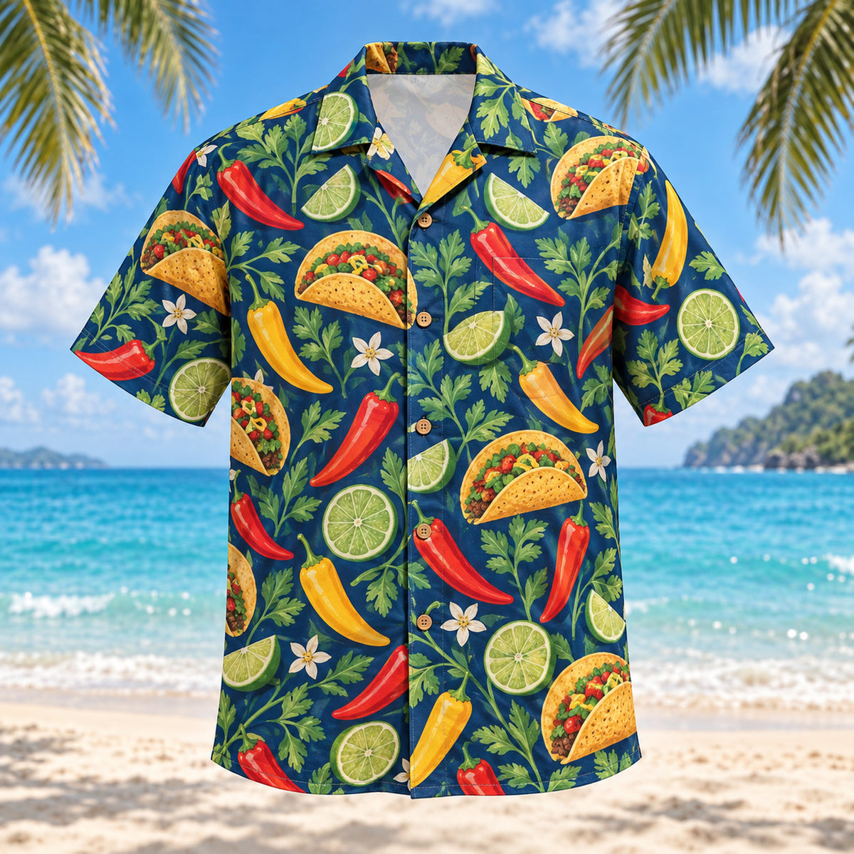 Front view of Chili Citrus Tex-Mex Hawaiian Shirt with red and yellow chilies, lime wheels and leafy stems with restrained taco accents