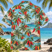 Back view of Chili Coast Chili Pepper Hawaiian Shirt with matching artwork in aqua, red, sand