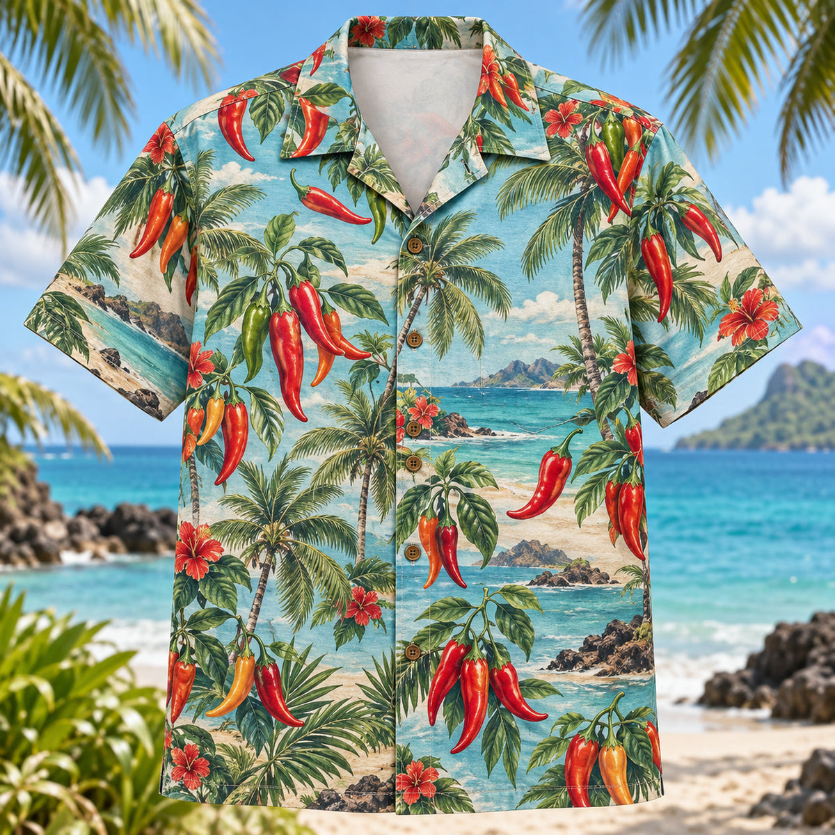 Front view of Chili Coast Chili Pepper Hawaiian Shirt with varied chili peppers among coastal palms