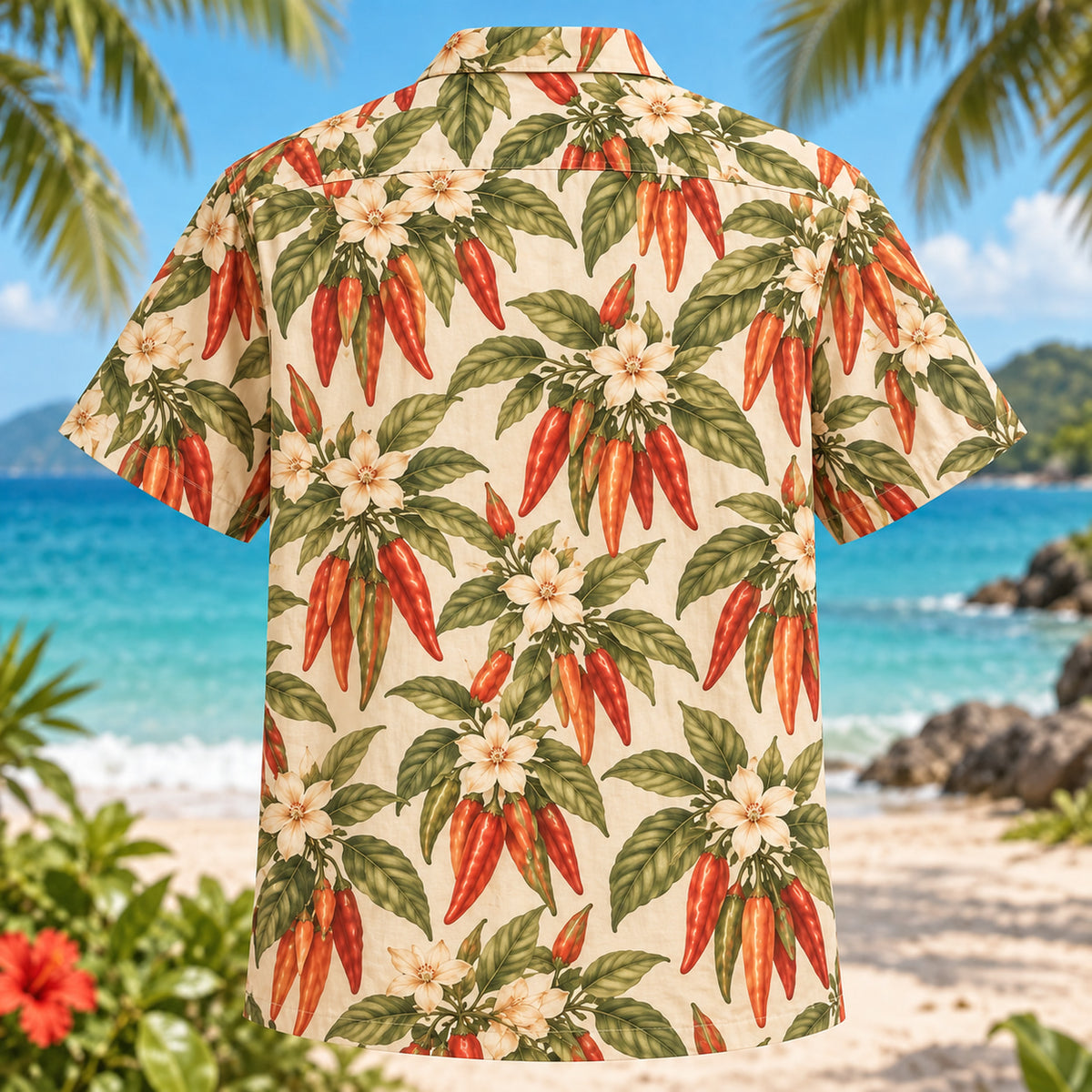 Back view of Chili Flower Chili Pepper Hawaiian Shirt with matching artwork in coral, olive, cream