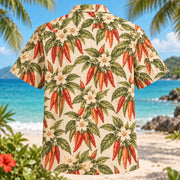 Back view of Chili Flower Chili Pepper Hawaiian Shirt with matching artwork in coral, olive, cream