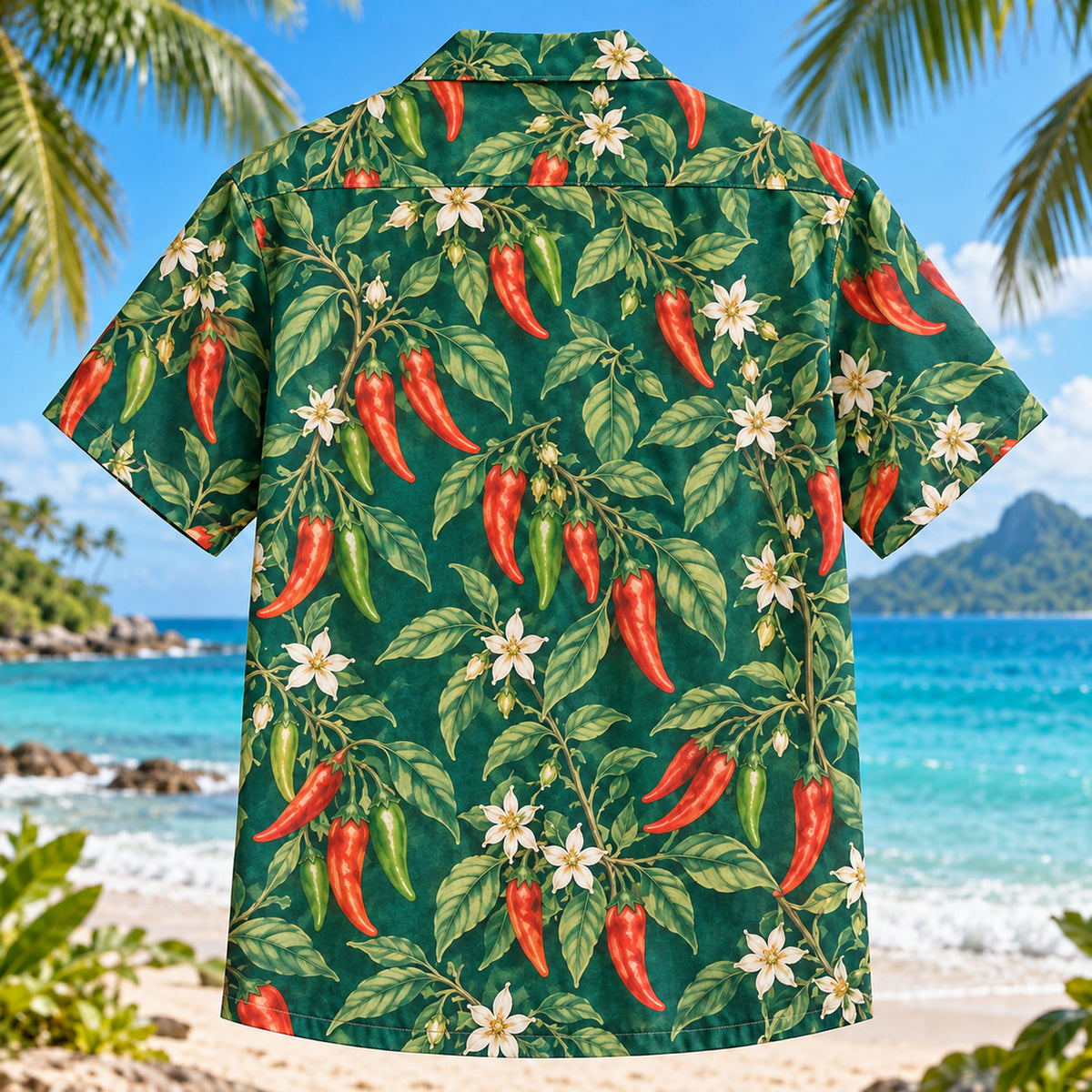 Back view of Chili Vine Chili Pepper Hawaiian Shirt with matching artwork in emerald, coral, ivory