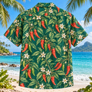 Back view of Chili Vine Chili Pepper Hawaiian Shirt with matching artwork in emerald, coral, ivory