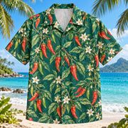 Front view of Chili Vine Chili Pepper Hawaiian Shirt with pepper vines with flowers and fruit