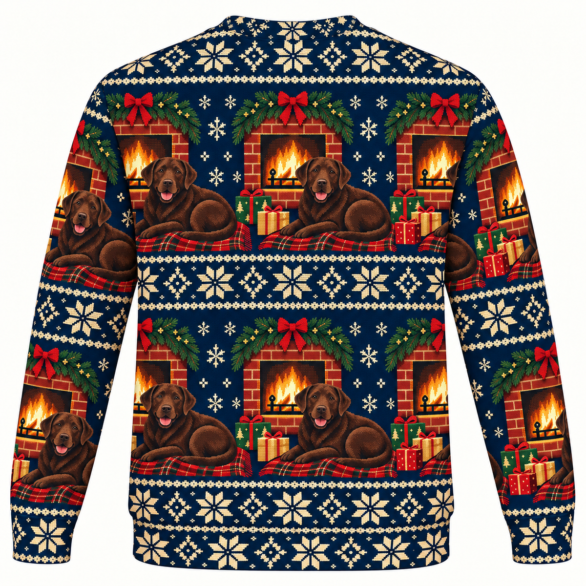 Chocolate Labrador Christmas Fireplace Ugly Sweater back