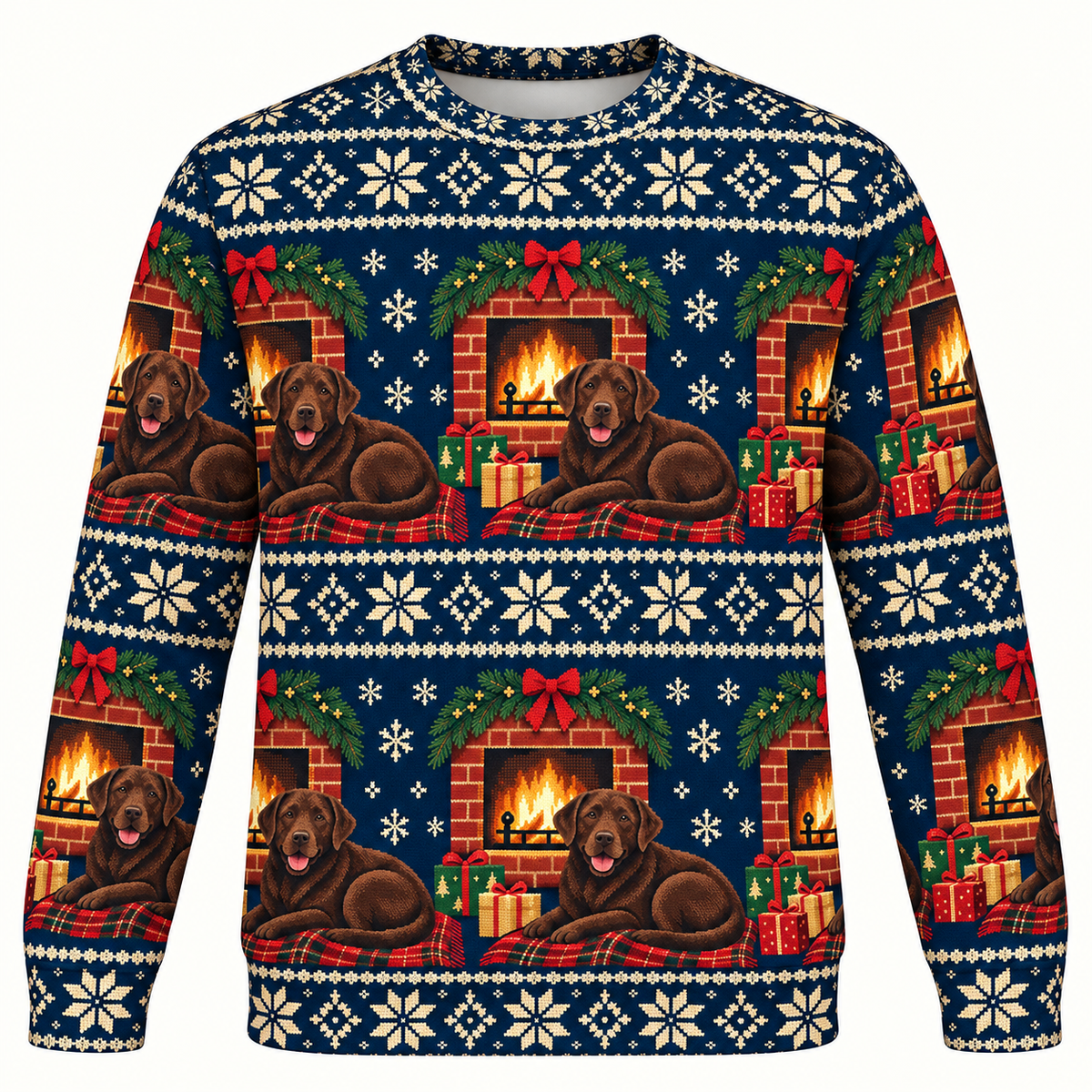 Chocolate Labrador Christmas Fireplace Ugly Sweater front