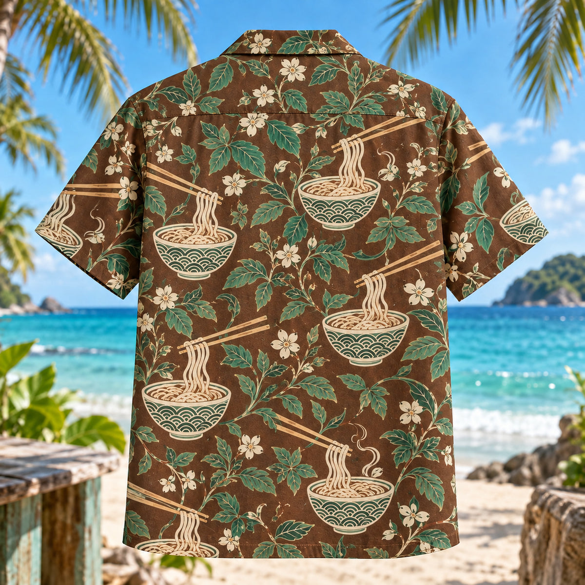 Back view of Chopstick Vine Japanese Food Hawaiian Shirt with matching artwork in walnut, jade, ivory