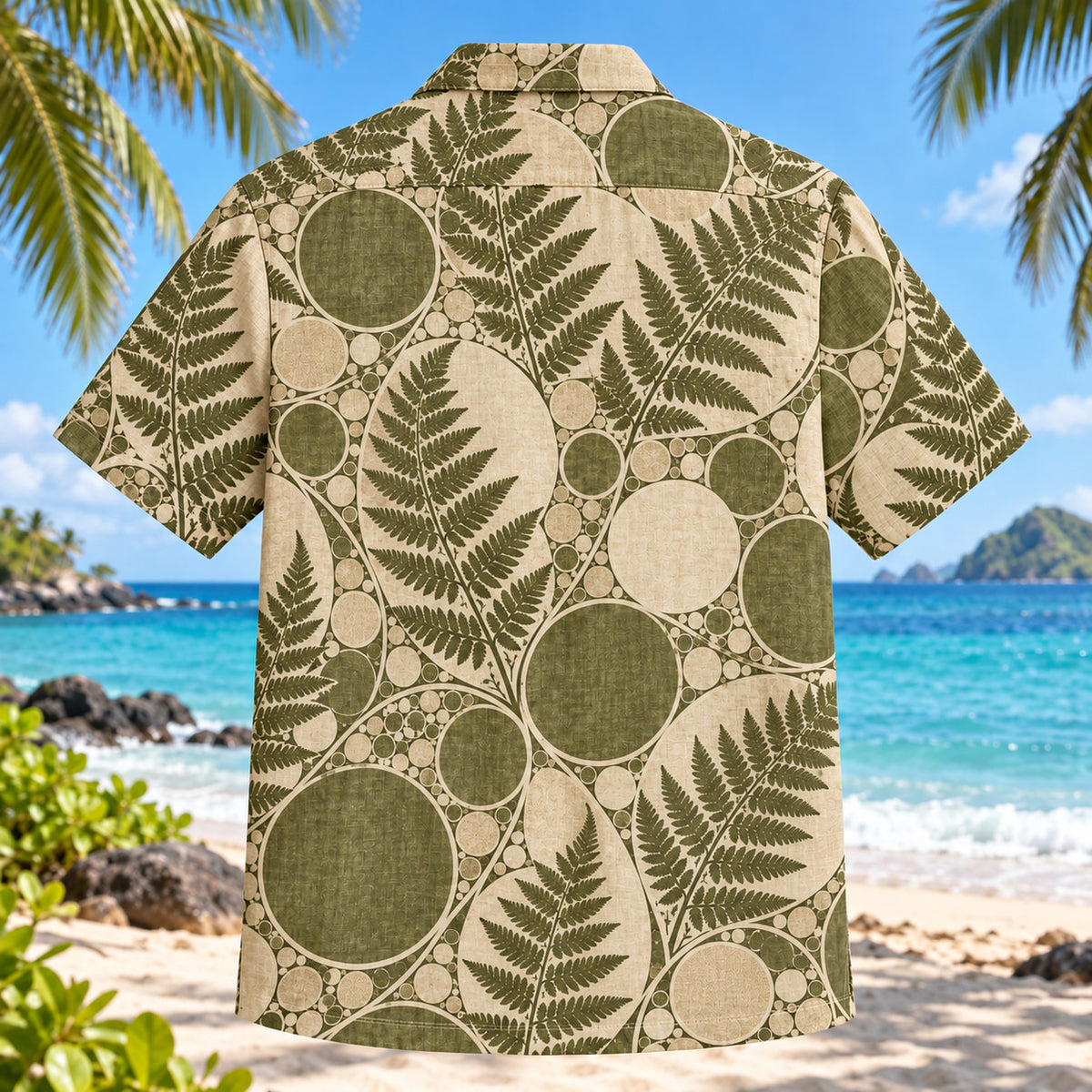 Back view of Circle Packing Mathematics Hawaiian Shirt with matching artwork in olive, sand, ivory