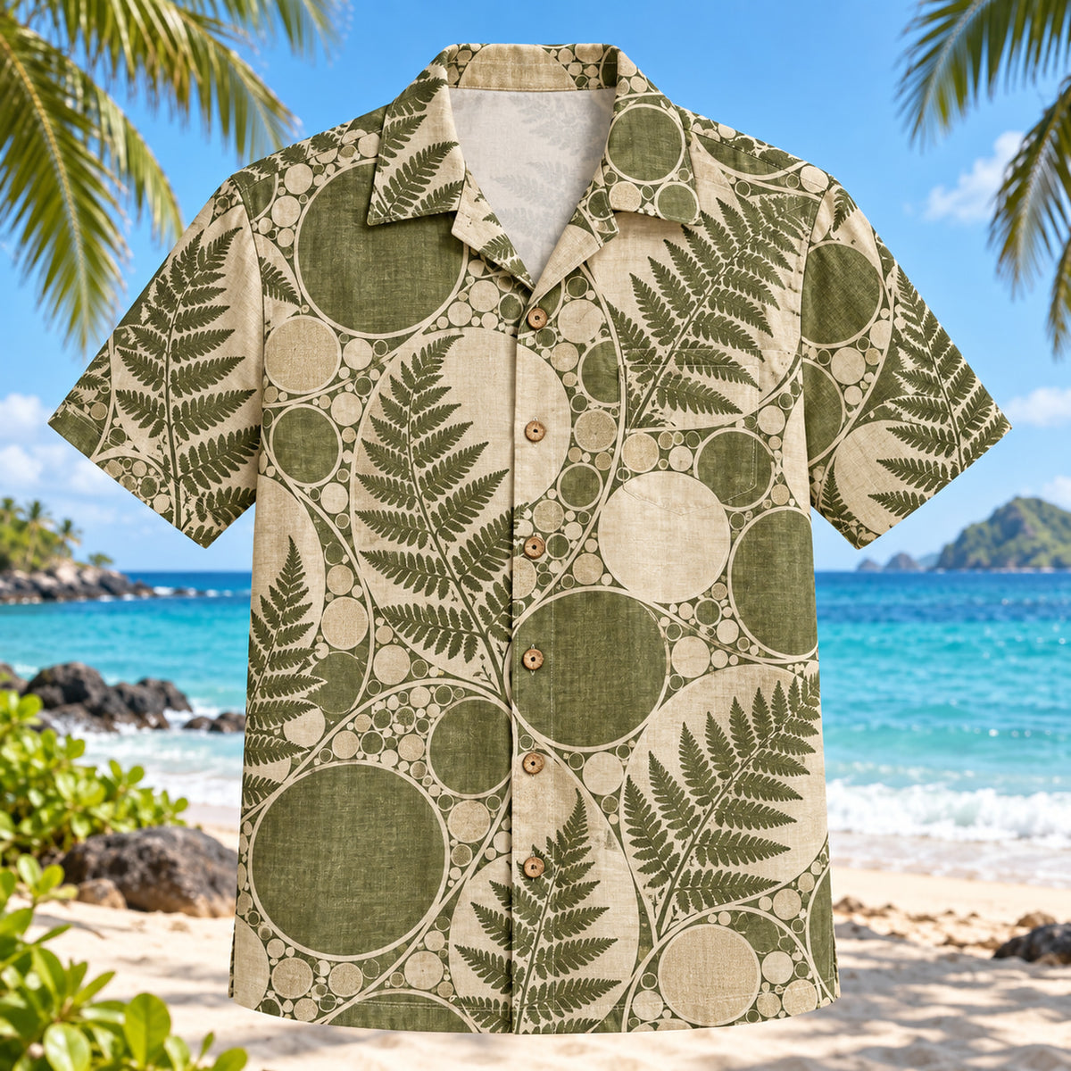 Front view of Circle Packing Mathematics Hawaiian Shirt with ordered circle packing geometry and fern silhouettes