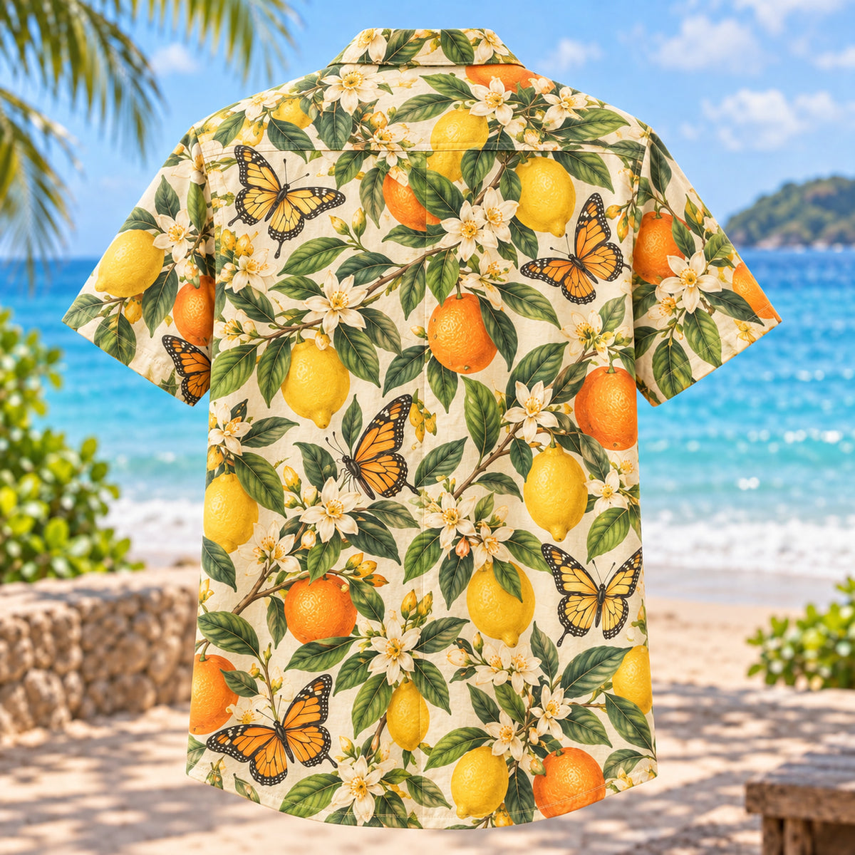 Back view of Citrus Butterfly Butterfly and Moth Hawaiian Shirt with matching artwork in lemon, orange, leaf green