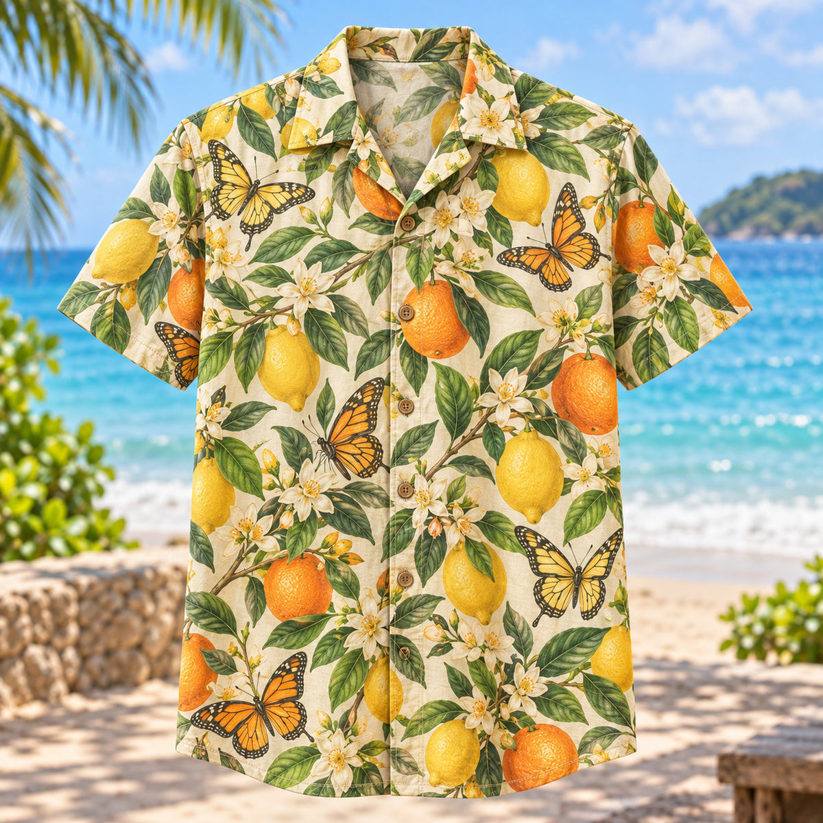 Front view of Citrus Butterfly Butterfly and Moth Hawaiian Shirt with butterflies among citrus blossoms and leaves