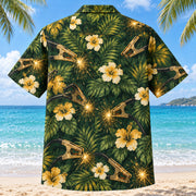 Back view of Clamp Welder Hawaiian Shirt with matching artwork in forest, gold, cream