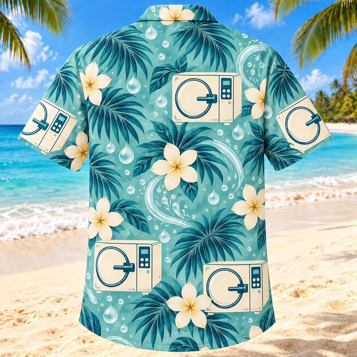 Back view of Clean Cycle Aqua Sand Sterile Processing Technician Hawaiian Shirt on a Hawaiian beach with fine white or light yellow sand and no dark rocks