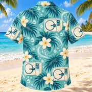 Back view of Clean Cycle Aqua Sand Sterile Processing Technician Hawaiian Shirt on a Hawaiian beach with fine white or light yellow sand and no dark rocks