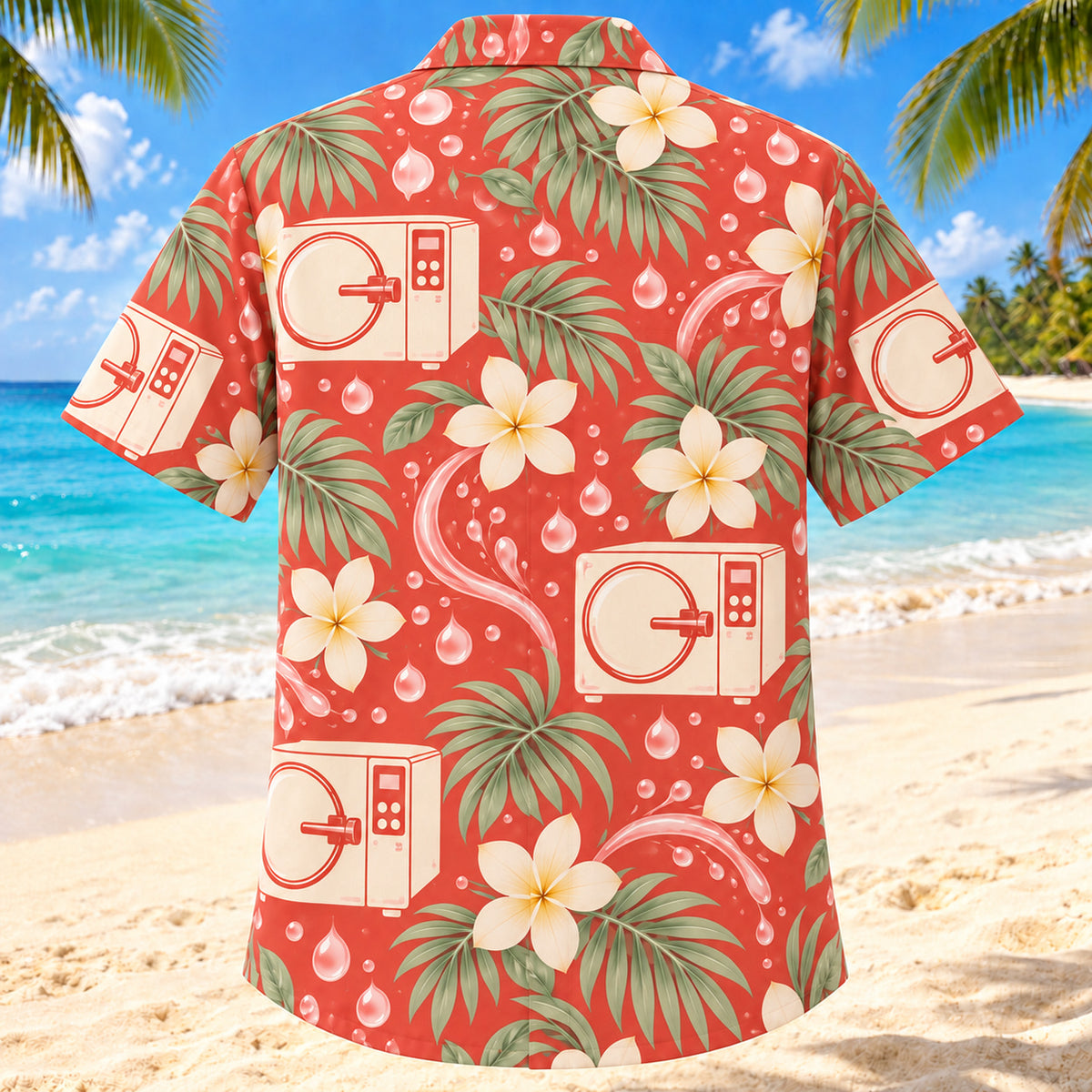 Back view of Clean Cycle Coral Sage Sterile Processing Technician Hawaiian Shirt with matching artwork in soft coral, sage, cream