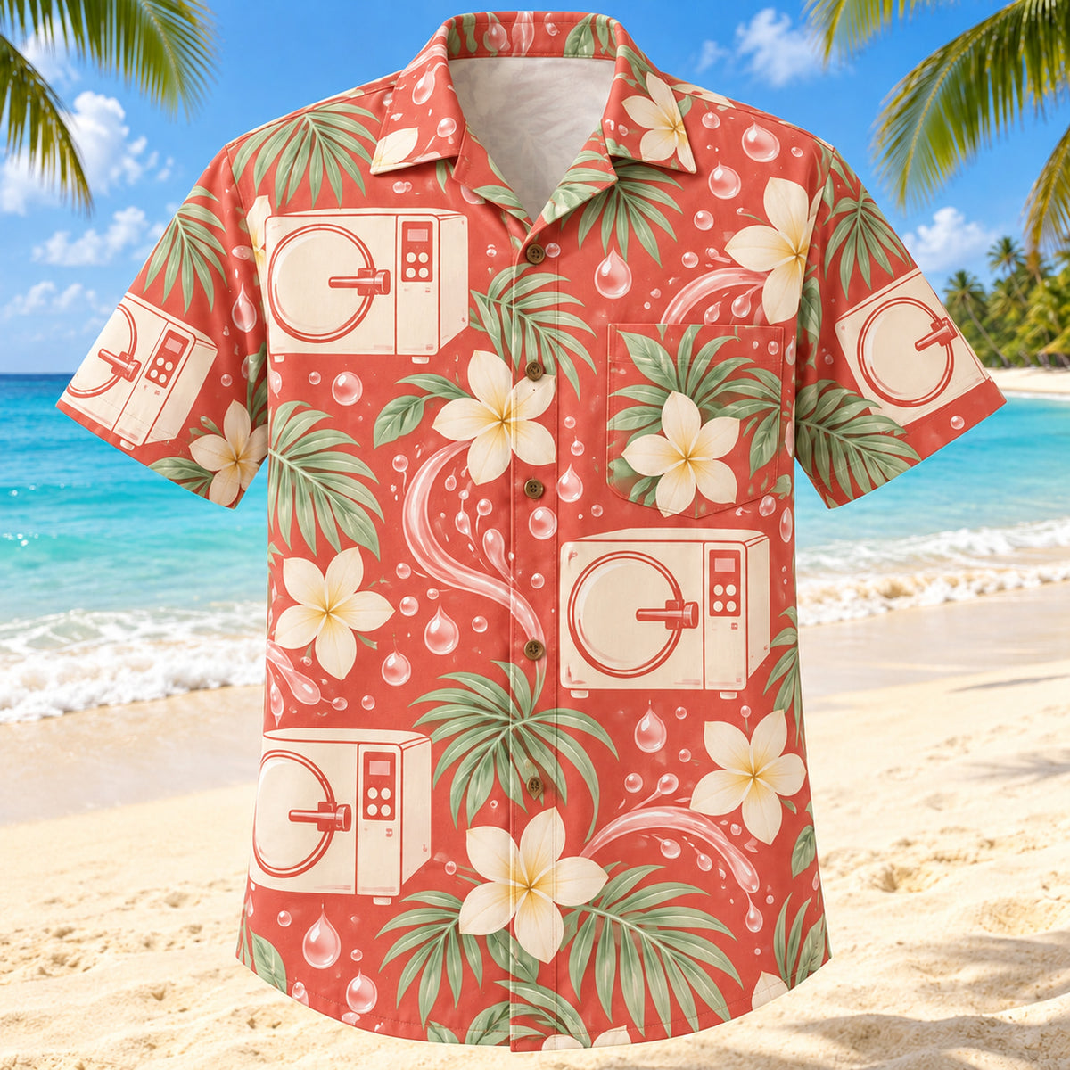 Front view of Clean Cycle Coral Sage Sterile Processing Technician Hawaiian Shirt with original abstract autoclave silhouettes, water droplets and plumeria without sanitization claims