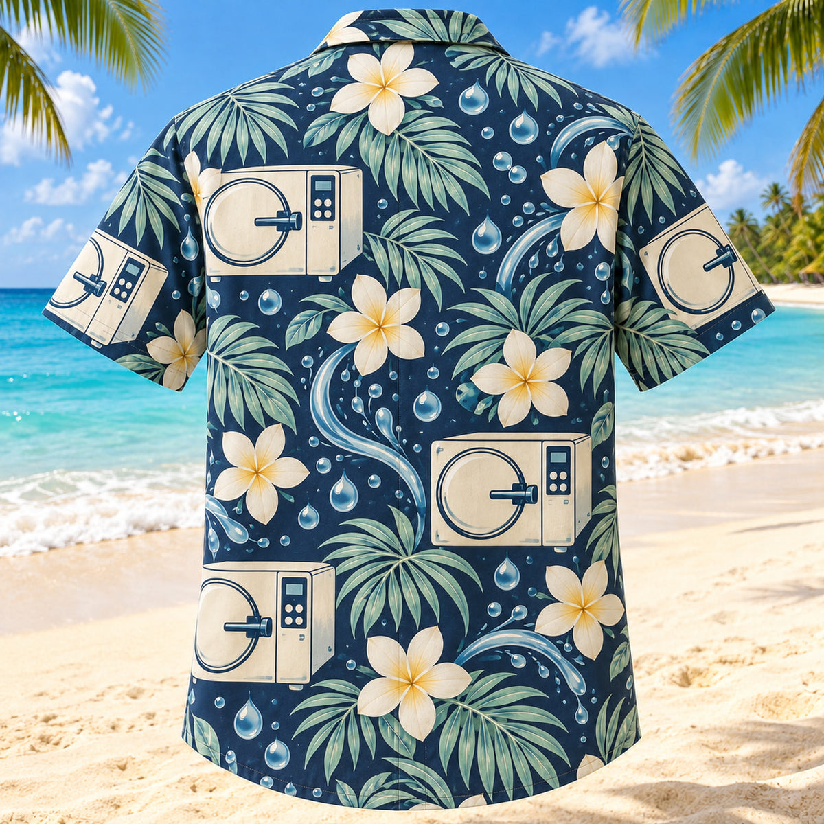Back view of Clean Cycle Navy Cream Sterile Processing Technician Hawaiian Shirt with matching artwork in navy, warm ivory, pale seafoam