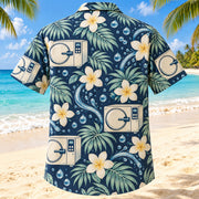Back view of Clean Cycle Navy Cream Sterile Processing Technician Hawaiian Shirt with matching artwork in navy, warm ivory, pale seafoam