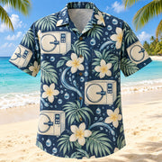 Front view of Clean Cycle Navy Cream Sterile Processing Technician Hawaiian Shirt with original abstract autoclave silhouettes, water droplets and plumeria without sanitization claims