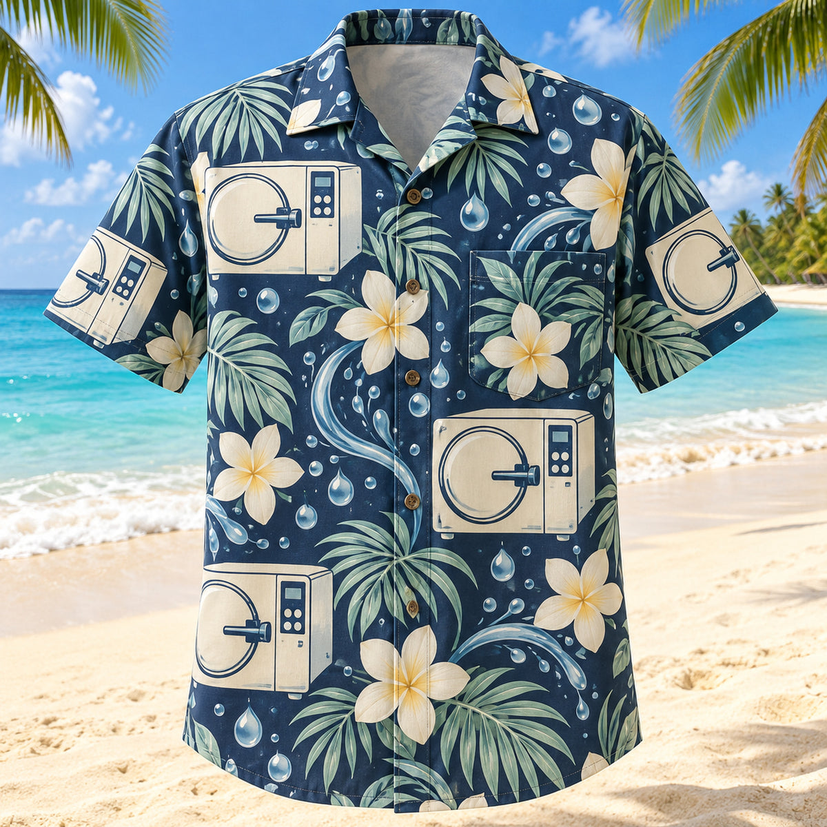 Front view of Clean Cycle Navy Cream Sterile Processing Technician Hawaiian Shirt with original abstract autoclave silhouettes, water droplets and plumeria without sanitization claims