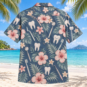 Back view of Clean Smile Dentist Hawaiian Shirt with matching artwork in slate, blush, ivory