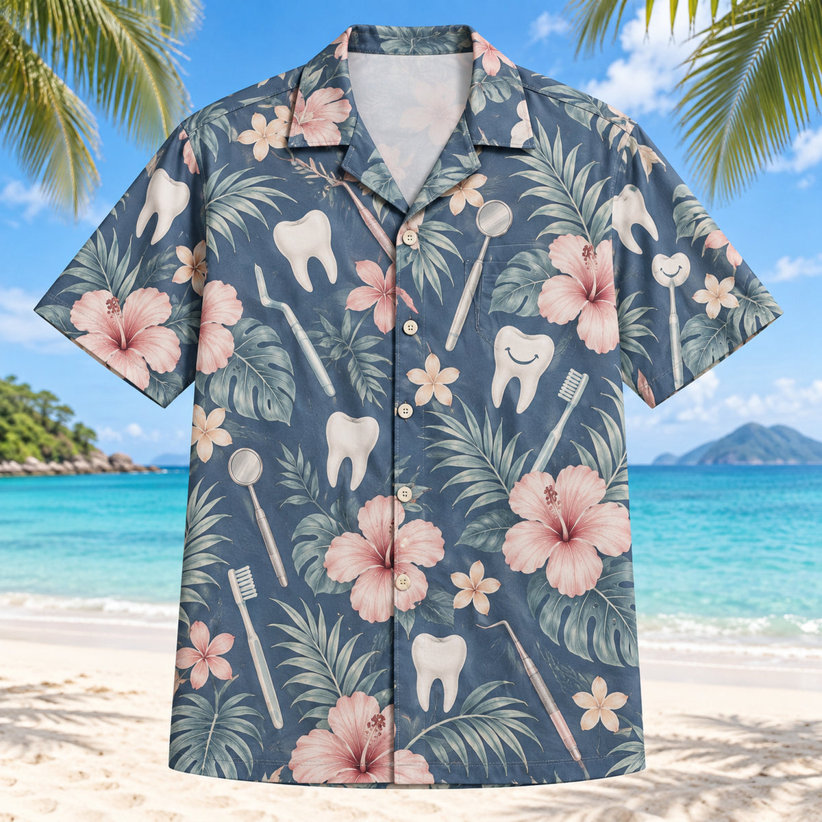 Front view of Clean Smile Dentist Hawaiian Shirt with original clean smile motifs, with tropical botanical accents; no text or branded equipment