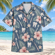 Front view of Clean Smile Dentist Hawaiian Shirt with original clean smile motifs, with tropical botanical accents; no text or branded equipment