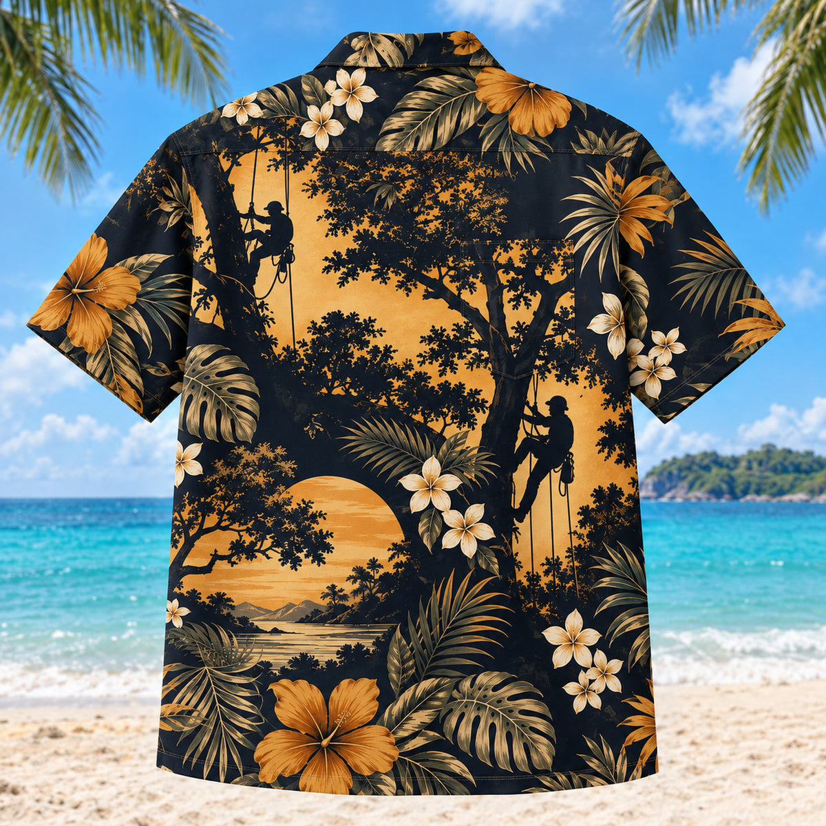 Back view of Climber Silhouette Arborist Hawaiian Shirt with matching artwork in midnight, amber, ivory