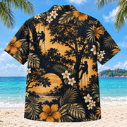 Back view of Climber Silhouette Arborist Hawaiian Shirt with matching artwork in midnight, amber, ivory
