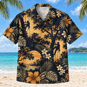Front view of Climber Silhouette Arborist Hawaiian Shirt with original climber silhouette motifs, with tropical botanical accents; no text or branded equipment