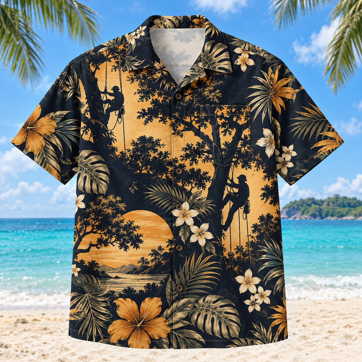Front view of Climber Silhouette Arborist Hawaiian Shirt with original climber silhouette motifs, with tropical botanical accents; no text or branded equipment