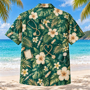 Back view of Clinical Tools Nurse Hawaiian Shirt with matching artwork in emerald, tan, cream