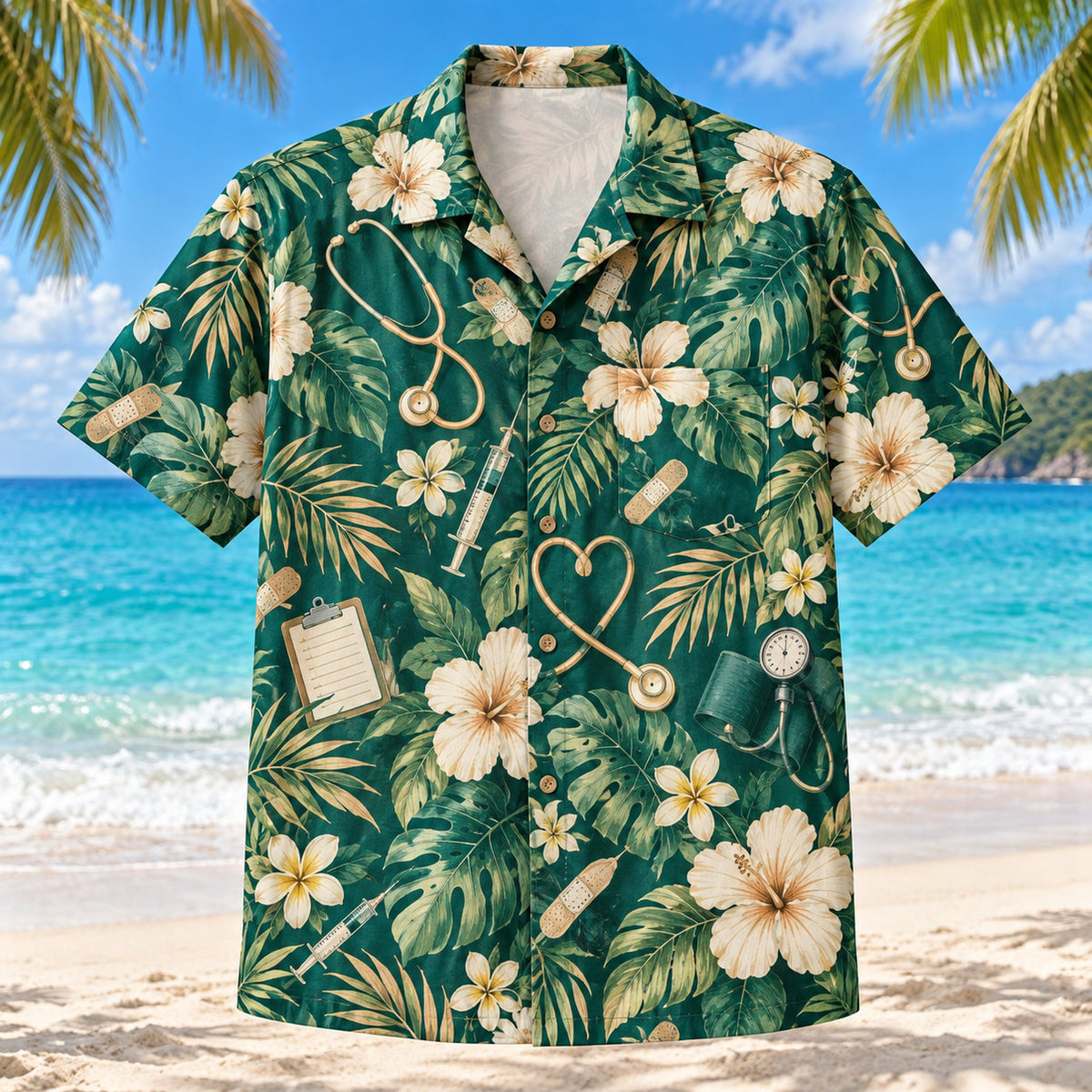 Front view of Clinical Tools Nurse Hawaiian Shirt with original clinical tools motifs, with tropical botanical accents; no text or branded equipment