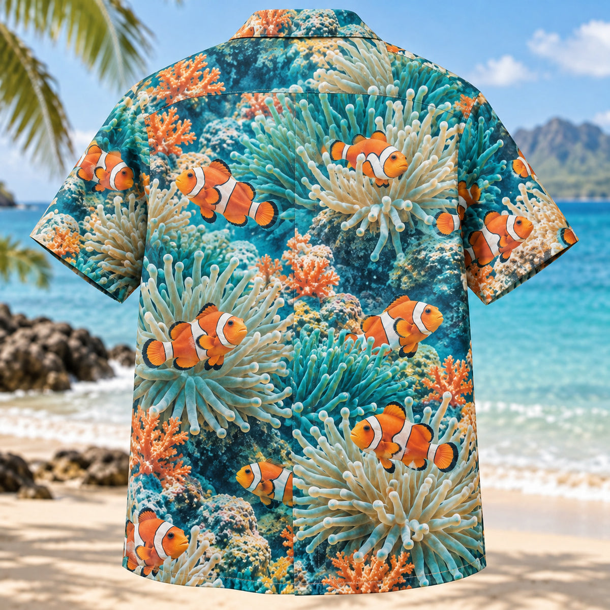 Back view of Clownfish Anemone Reef Aquarium Hawaiian Shirt with matching artwork in orange, white, teal
