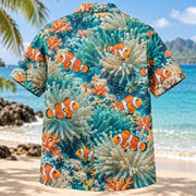 Back view of Clownfish Anemone Reef Aquarium Hawaiian Shirt with matching artwork in orange, white, teal