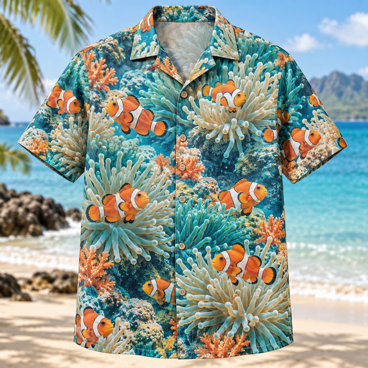Front view of Clownfish Anemone Reef Aquarium Hawaiian Shirt with naturalistic clownfish among anemones, no cartoon character styling
