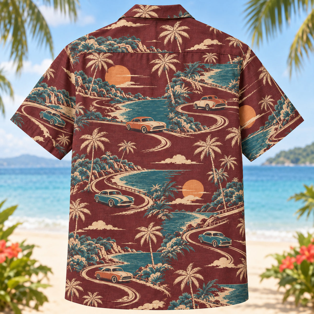 Back view of Coastal Custom Coupe Hawaiian Shirt with imaginary classic cars and coastal roads