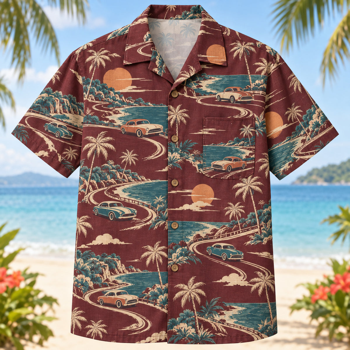 Front view of Coastal Custom Coupe Hawaiian Shirt with imaginary classic cars and coastal roads