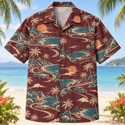 Front view of Coastal Custom Coupe Hawaiian Shirt with imaginary classic cars and coastal roads