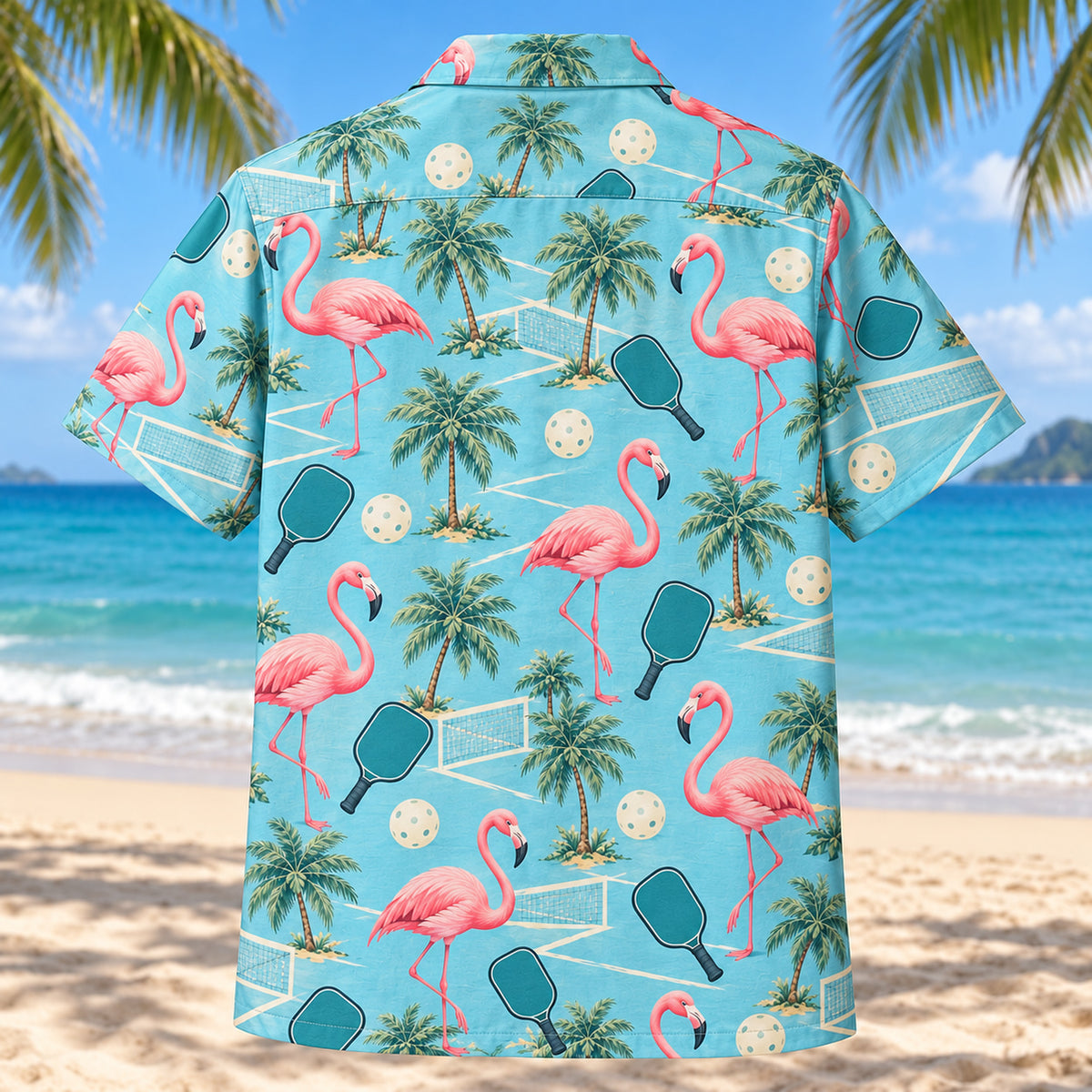 Back view of Coastal Flamingo Rally Pickleball Hawaiian Shirt with matching pickleball artwork in aqua blue, flamingo pink, cream, dark teal