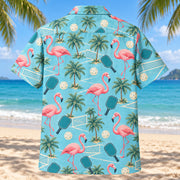 Back view of Coastal Flamingo Rally Pickleball Hawaiian Shirt with matching pickleball artwork in aqua blue, flamingo pink, cream, dark teal