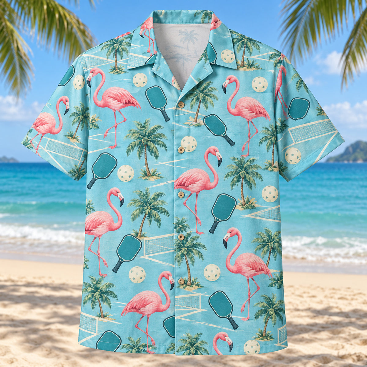 Front view of Coastal Flamingo Rally Pickleball Hawaiian Shirt with original elegant flamingo silhouettes standing beside generic pickleball paddles and perforated balls, small beach palms and simple court corners
