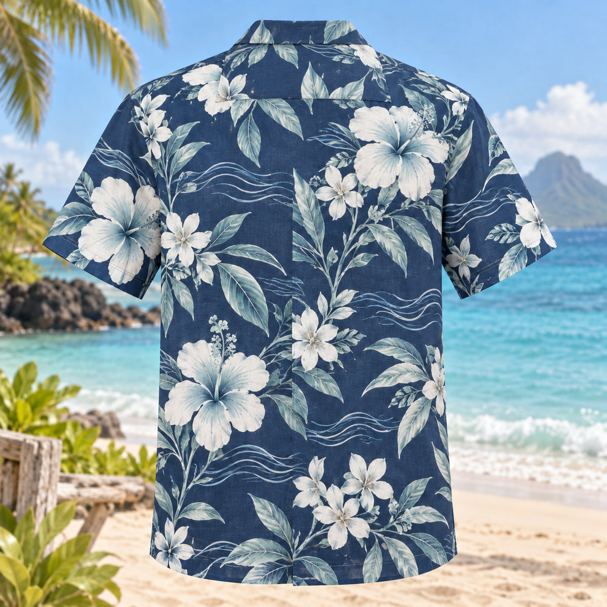 Back view of Coastal Garden Beach Wedding Hawaiian Shirt with matching artwork in navy, white, sea glass