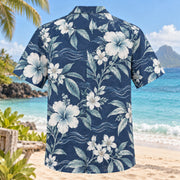 Back view of Coastal Garden Beach Wedding Hawaiian Shirt with matching artwork in navy, white, sea glass