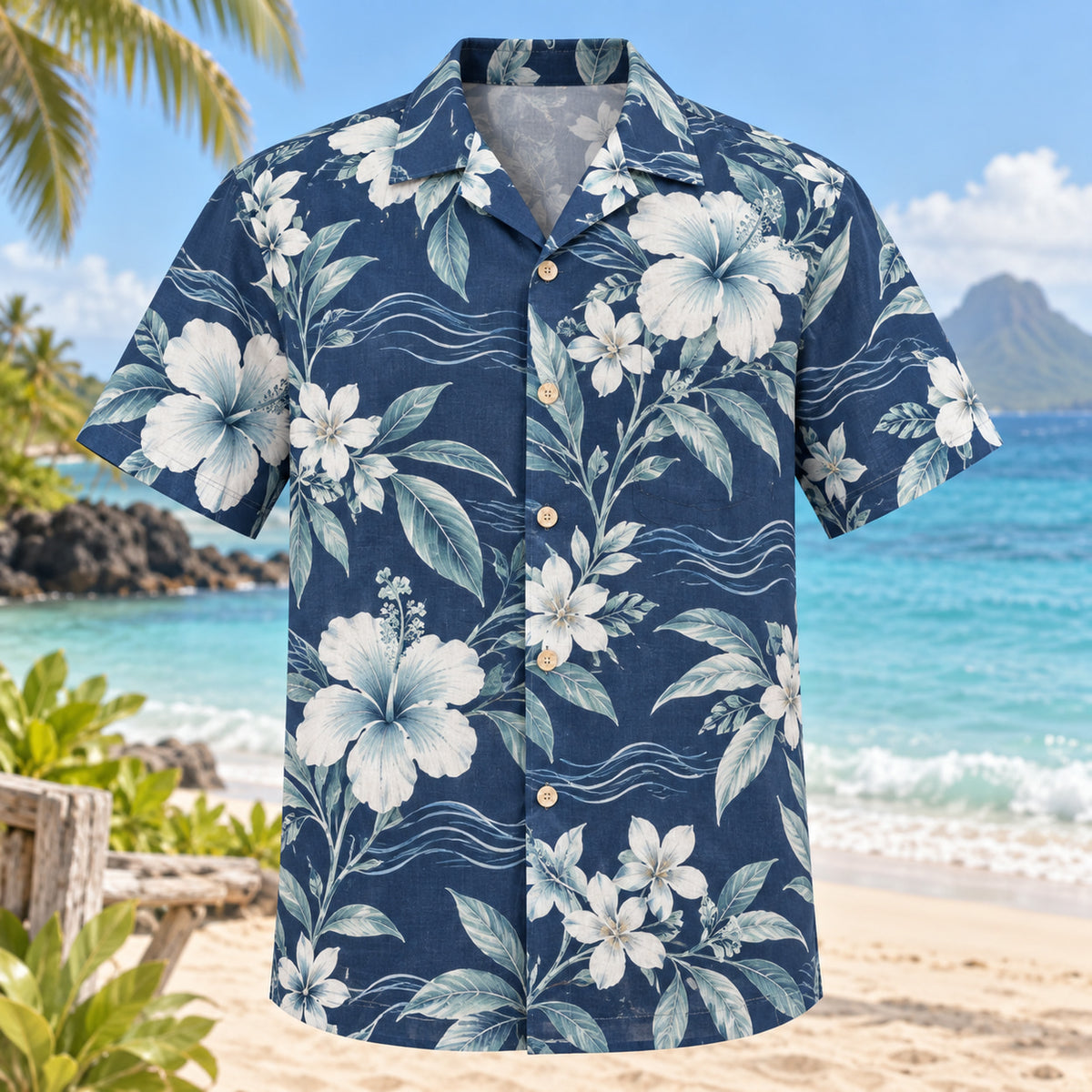 Front view of Coastal Garden Beach Wedding Hawaiian Shirt with original, text-free illustrations of garden flowers with subtle coastal wave lines